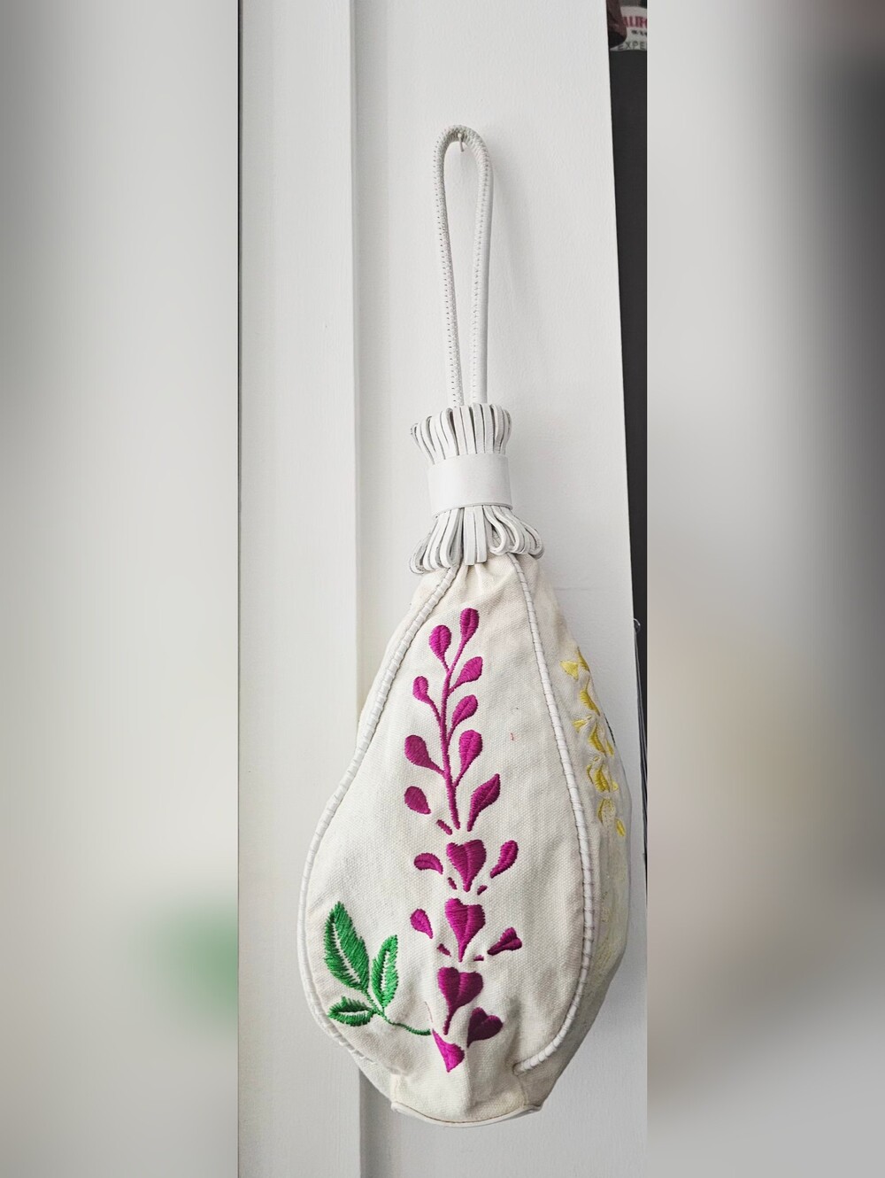 Madison White Embroidered Wristlet with Pink, Green & Yellow Motif